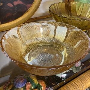 Vintage 1950’s Marigold Carnival Glass Basket Weave Bowl